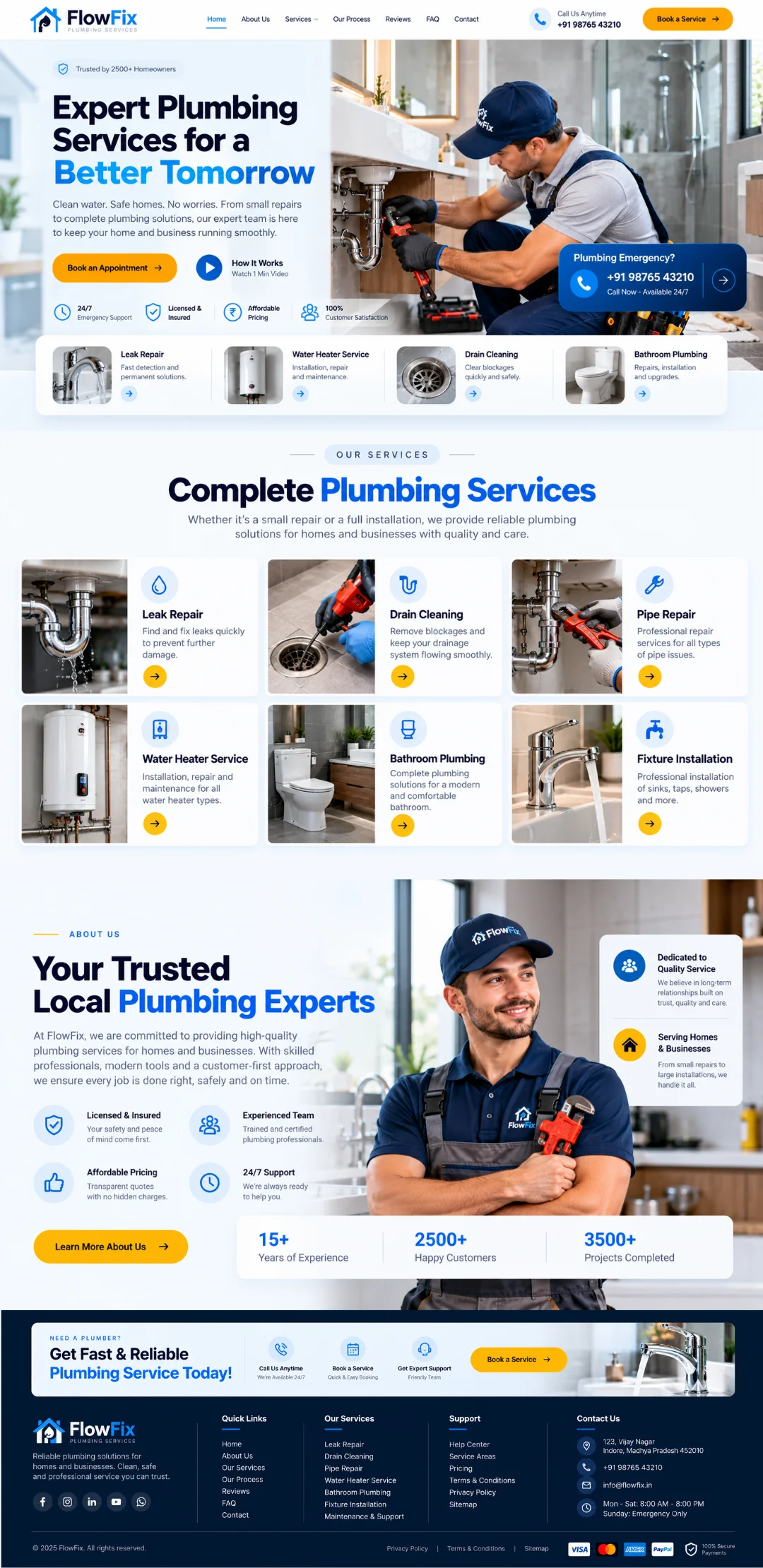 FlowFix professional plumbing contractor and emergency repair services website portfolio - Virtual Revolt Software